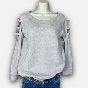 Stylish Beige Sweater with Cut-Out Sleeves Banded Waistline Size Medium